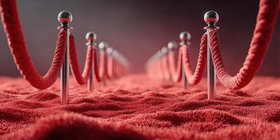 Red velvet ropes create a luxurious path in a dimly lit setting for an exclusive event or celebration photo