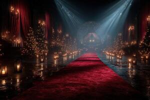 Elegant red carpet leading to a grand stage illuminated by soft candlelight during a festive evening celebration photo
