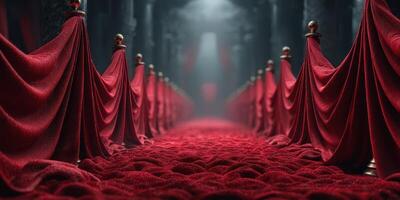 Elegant red carpet lined with velvet ropes in a grand hall illuminated by soft light creating a luxurious atmosphere photo