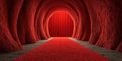 Dramatic red tunnel leading to curtains creates an intriguing entrance for events or performances photo