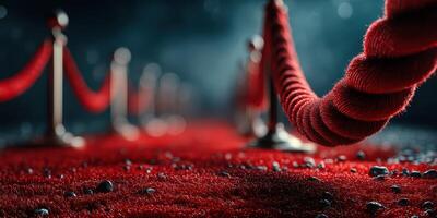 Red carpet leading to an elegant event surrounded by velvet ropes at night photo