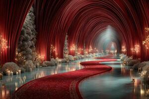 Elegant hallway adorned with red curtains, sparkling lights, and festive decorations, creating a magical atmosphere for an event photo