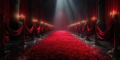 Dramatic red rose pathway leads to a stunning illuminated focal point in a dark, atmospheric setting photo