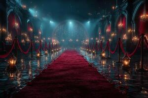 Elegant red carpet venue illuminated by soft lantern light in an opulent setting at night photo