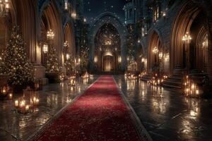Elegant hallway in a historic castle adorned with candles and festive decorations during a winter night event photo