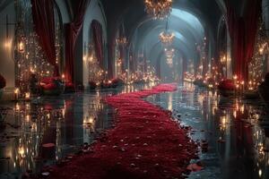 Elegant red carpet adorned with rose petals and candles in a grand, dimly lit hall during a romantic evening event photo
