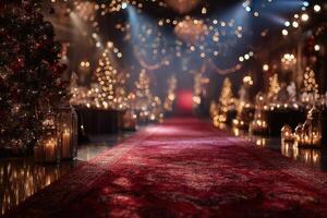 Elegant holiday event with festive decorations and soft lighting in a luxurious venue photo