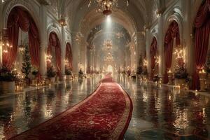 Elegant hall with ornate decor and reflection in dim light during a formal event photo