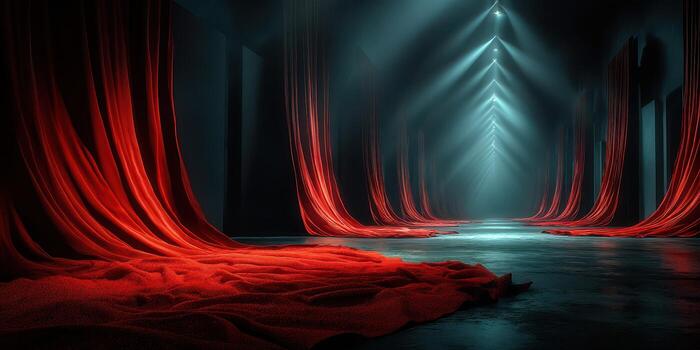 vibrante rojo tela cortinas creando un dramático atmósfera en un tenuemente iluminado corredor foto