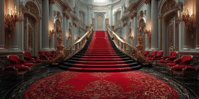 Majestic grand staircase adorned with elegant red carpets and gold accents in an opulent hall photo