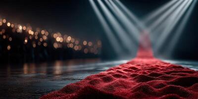 Elegant red carpet leading to a stage illuminated by bright spotlights in a dark venue during a glamorous event photo