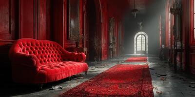 Elegant red sofa in hallway of grand old mansion with dim lighting and mysterious ambiance photo