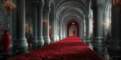 Luxurious corridor with red carpet and elegant architecture at a grand venue photo