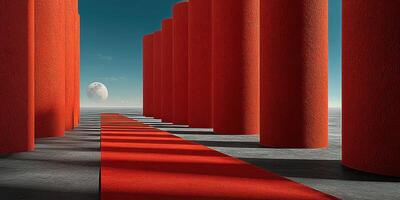 Modern red pillars line a striking pathway under a glowing moonlit sky during dusk in a surreal landscape photo