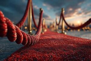 Red carpet leading to a glamorous event with sunset in the background and elegant stanchions lined up photo