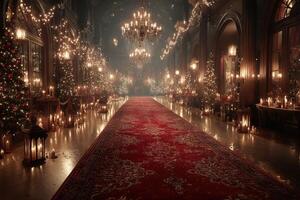 Elegant winter celebration with festive decorations, candles, and a red carpet in a grand hall filled with Christmas spirit photo
