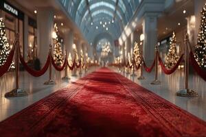 Decorative pathway leads to a festive gala in a luxurious shopping center adorned with holiday lights photo