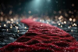 Glistening red pathway amid soft bokeh lights creates a captivating ambiance in a mysterious setting photo