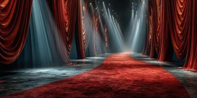 Elegant red carpet pathway illuminated by dramatic spotlights in a theater setting photo