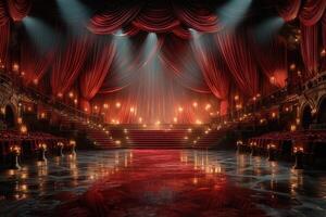 Elegant theater interior with red curtains and soft lighting creating a dramatic atmosphere for performances photo