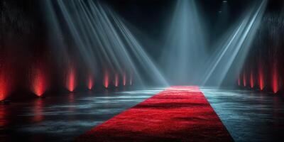 Illuminated red carpet pathway in a dimly lit hall with dramatic lighting effects photo