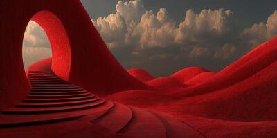 Artistic landscape features red hills and winding steps under a dramatic cloudy sky in a surreal environment photo