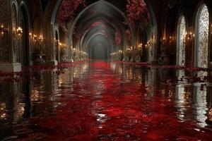 Dark castle corridor with red water and floral decor creates a haunting atmosphere at night photo