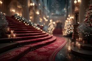 Elegant holiday staircase adorned with lights and decorations creates a festive atmosphere in a luxurious venue during winter evening photo