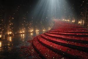 Luxurious staircase adorned with rose petals and soft lighting in an elegant venue during an evening event photo