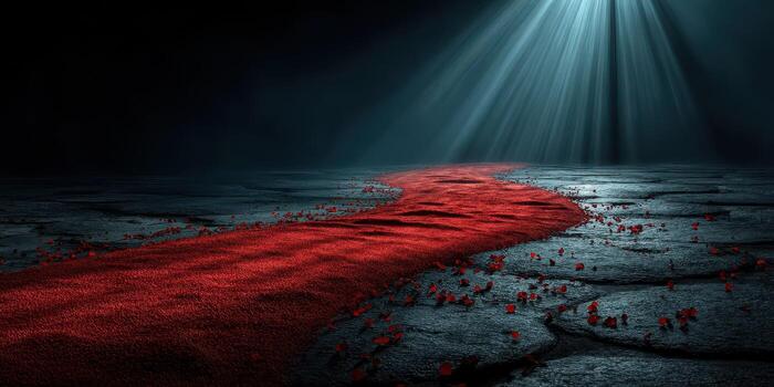 Red pathway adorned with scattered flowers leads through dark, illuminated terrain creating a dramatic atmosphere photo