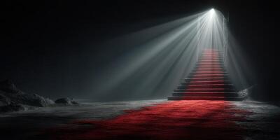 Staircase illuminated by a lone light source in a dark environment with a striking red carpet leading the way photo