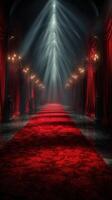 Elegant red carpet pathway illuminated by soft lights in a grand indoor setting with dramatic curtains photo