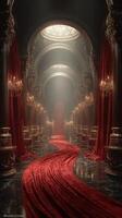 Opulent indoor hall with red carpet, ornate chandeliers, and luxurious decor creates a majestic atmosphere in soft lighting photo