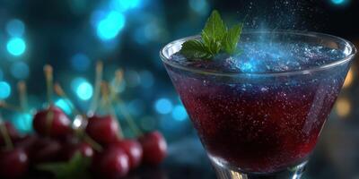 Sparkling cherry cocktail garnished with mint, served at a festive evening gathering photo