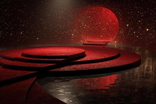 Red circular pathways lead to a glowing sphere above a reflective body of water in an otherworldly landscape at twilight photo