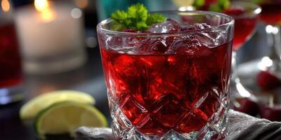 Refreshing cocktail served in a crystal glass with garnishes during evening gathering at a cozy bar setting photo