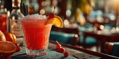 Refreshing cocktail with citrus and cherry garnishes served in a vibrant bar setting at sunset photo