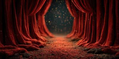 Red velvet curtains frame a mysterious path leading to an enchanted atmosphere in a dimly lit theater during the evening photo