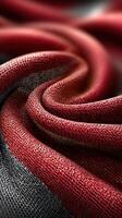 Woven fabric showcasing intricate texture and vibrant red and gray tones in close-up view photo