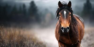 Majestic horse walks through a misty field at dawn near a dense forest in autumn photo