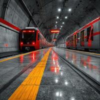 Subway station illuminated by red accents during quiet hours with trains waiting at platforms photo