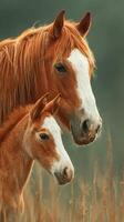 Majestic horses with their foal in a tranquil meadow during golden hour sunlight photo