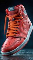 Bright red basketball sneakers on display with detailed leather texture in a dark setting photo