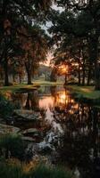 Golden sunset reflects on calm river surrounded by lush trees and serene landscape in a peaceful setting photo