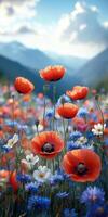 Vibrant wildflowers bloom in a mountainous valley under a bright blue sky during springtime photo