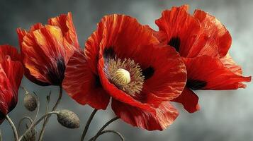 Vibrant red poppies blooming with intricate textures in a serene backdrop focusing on nature's beauty photo