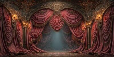 Elegant theater stage with ornate draping and soft lighting showcasing an inviting atmosphere for performances photo