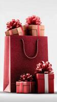 Colorful gift bags and wrapped presents create a festive atmosphere for celebrations during the holiday season or special occasions photo
