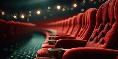 Rows of plush red theater seats awaiting moviegoers on a quiet evening in the cinema photo