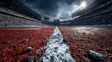 Dramatic view of a deserted stadium track under dark clouds before a major athletic event photo